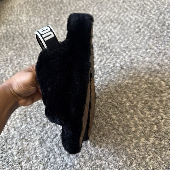 UGG Fluff Yeah Womens Size 9 Black Casual Sheepskin Platform Slide Slippers EUC - Picture 3 of 6